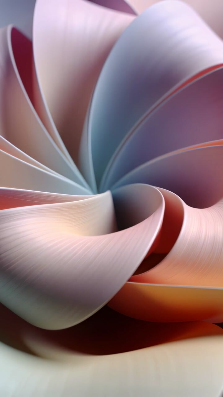 Vertical video: Pulling back camera from closeup revealing spiral form in studio, pastel ribbons