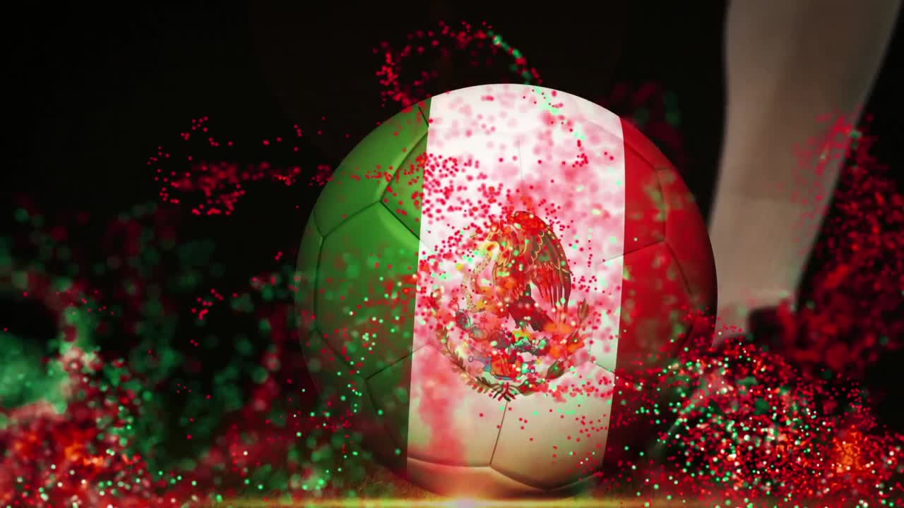Animation of glitter over legs of caucasian male soccer player kicking ball with flag of mexico
