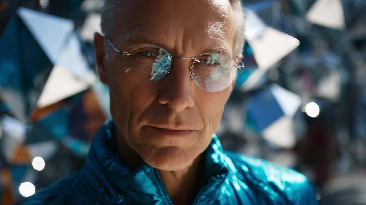 A Captivating Portrait of an Introspective Individual Sporting Reflective Glasses, Set Against a Dazzling Background of Geometric Shapes and Sparkling Light, Evoking a Sense of Mystery and Contemplation
