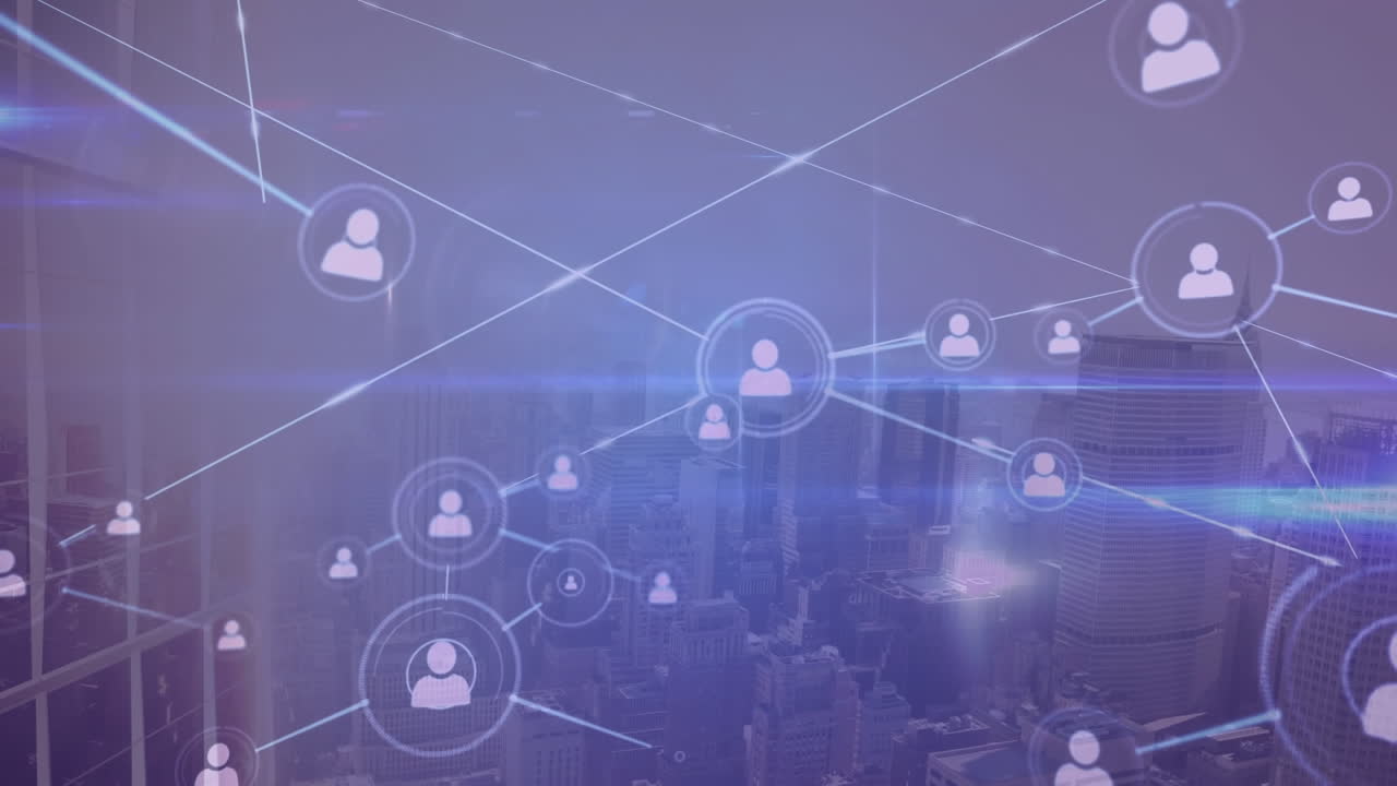 Animation of network of profile icons and blue light trails against aerial view of cityscape