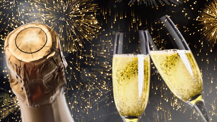 Animazione di fuochi d'artificio dorati che esplodono e bottiglie di champagne che scorrono su sfondo nero
