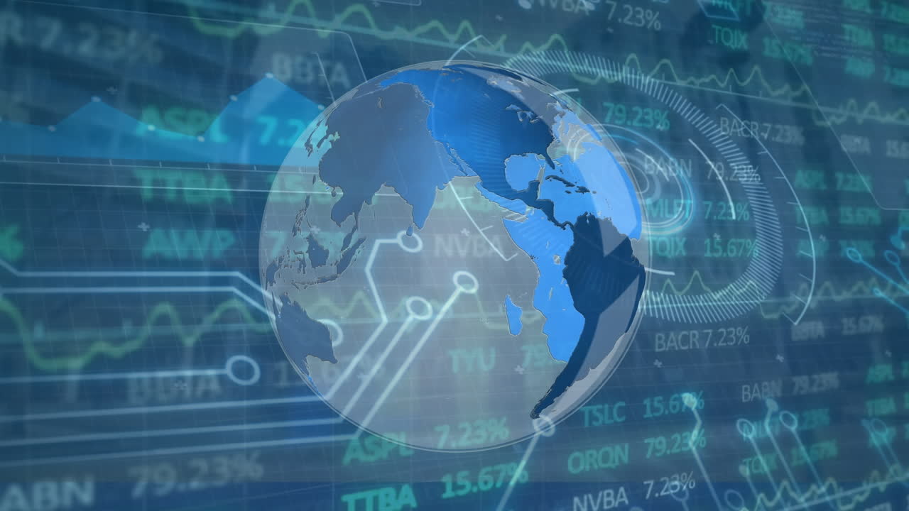 animación del globo y el mercado de valores sobre el paisaje urbano