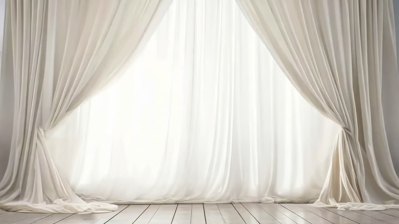 Elegant video backdrop with white curtains, softly lit from behind