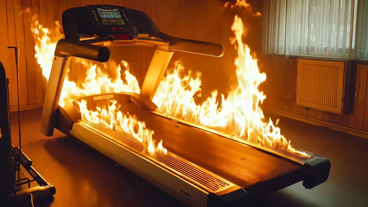 배경에 창문이 있는 체육관에서 불타는 트레드밀