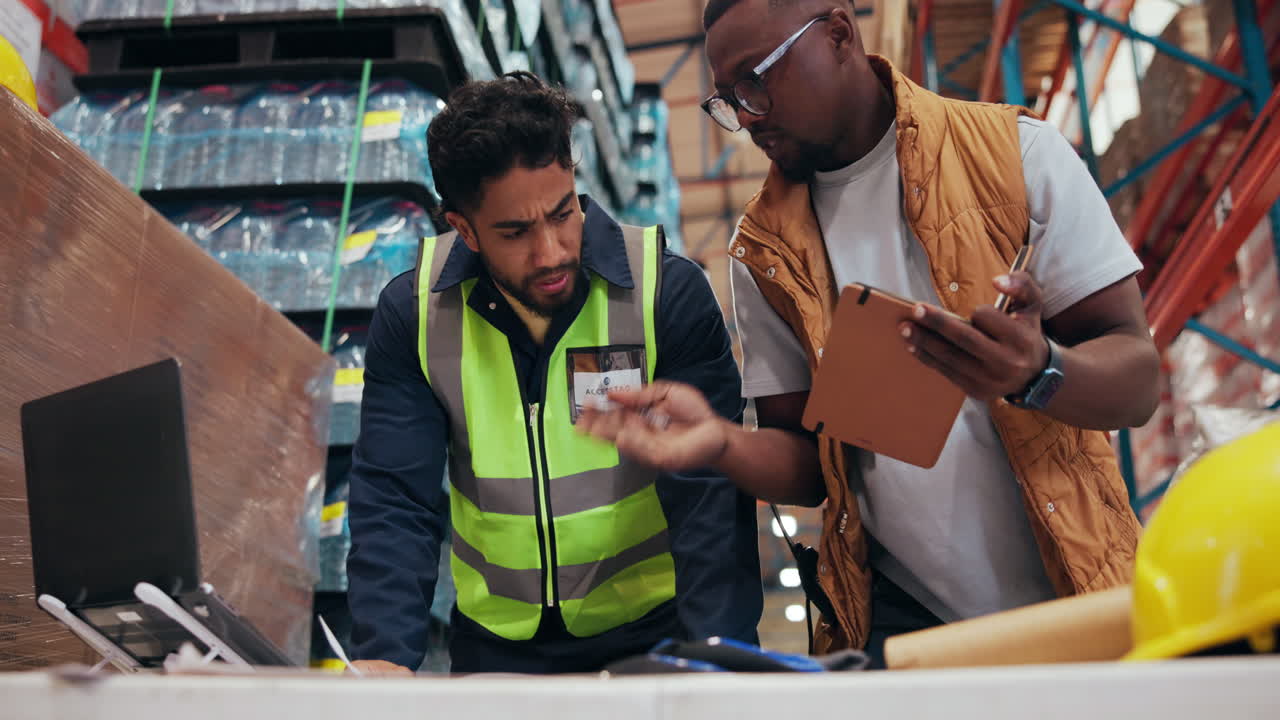 Two Male Warehouse Workers Discussing Inventory and Logistics