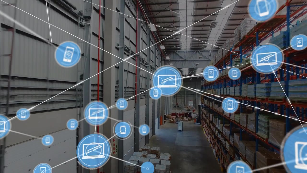 Animazione di rete di connessioni con icone su magazzino