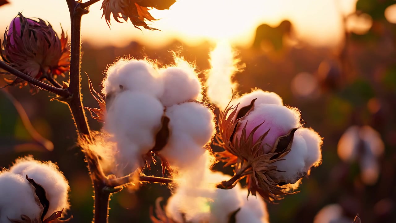Batuffoli di cotone bianchi e soffici che risplendono alla luce dorata del tramonto