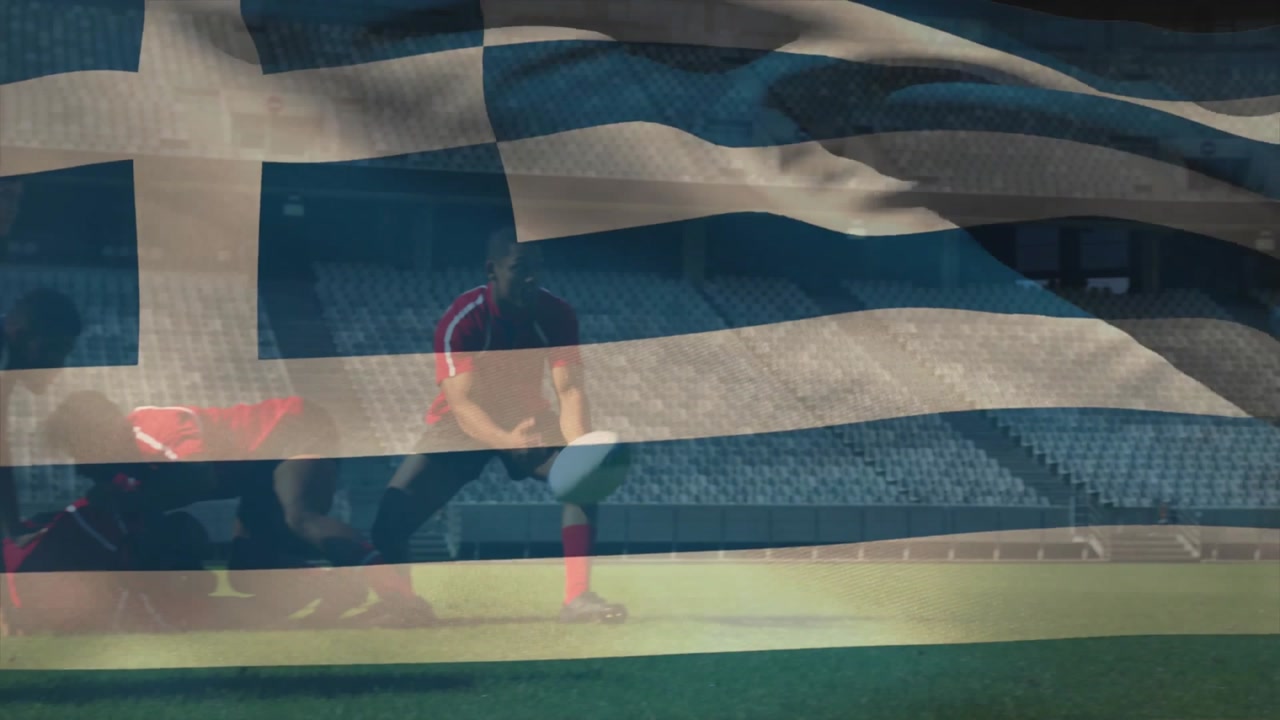 Seven rugby players pushing on grass pitch, showcasing sports marketing with animated flag stripes
