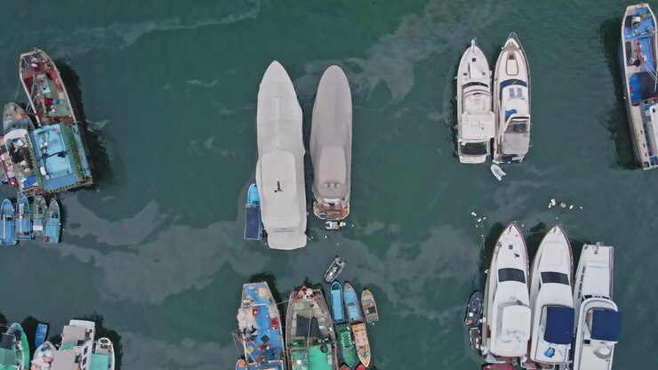 drone descendiendo hacia dos lanchas atracadas en el puerto con una lona que las cubre en aberdeen, hong kong