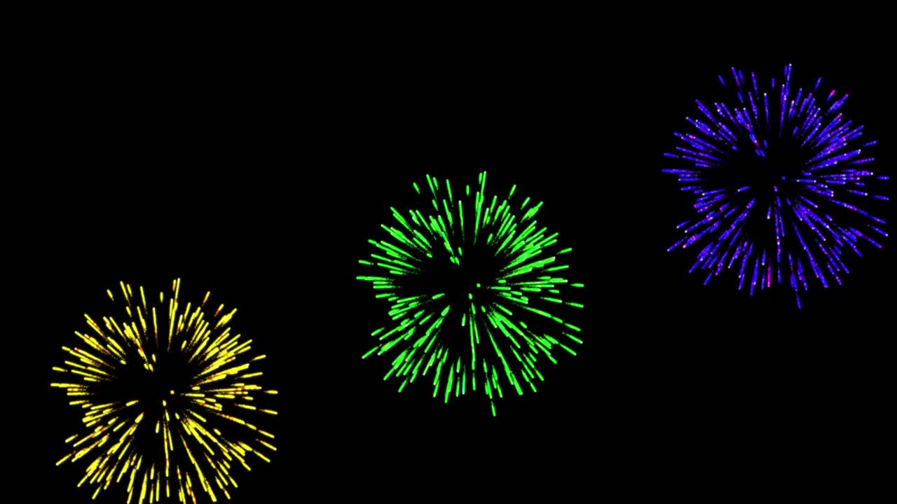 Animazione di fuochi d'artificio colorati di Natale e Capodanno che esplodono su sfondo nero.