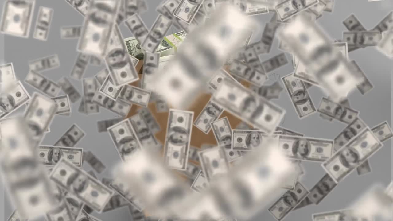 animación de dólares flotantes sobre una bolsa con dinero