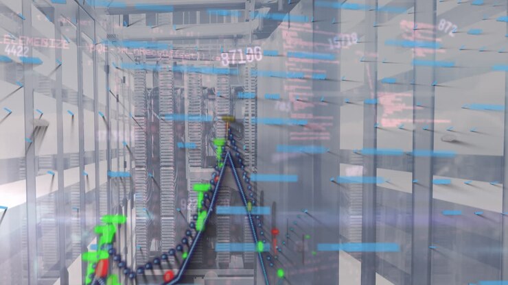 Animation of multiple graphs, numbers and abstract pattern over server room