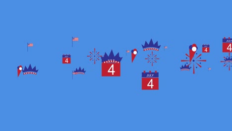animation of american flags and independence day icons moving over blue background