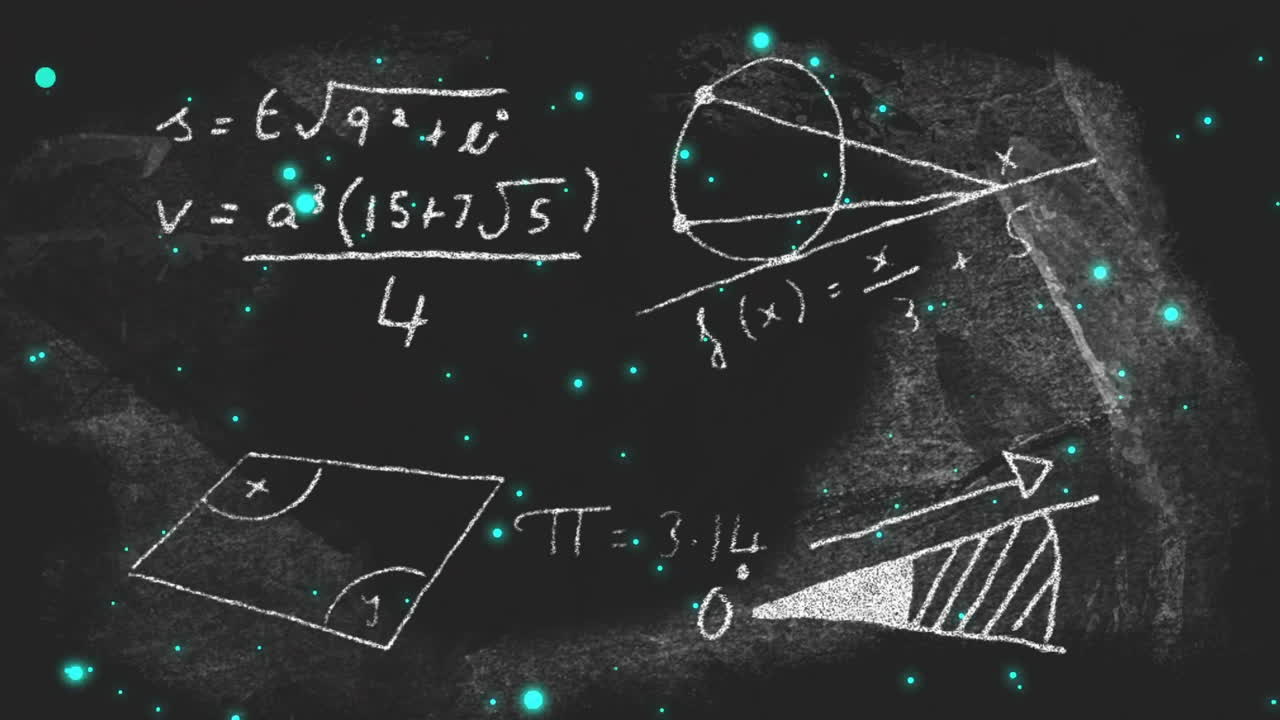 Animation of geometric shapes and equations on school chalkboard with glowing dots