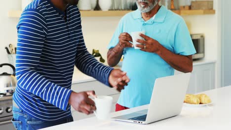 father and son using laptop while having coffee in kitchen