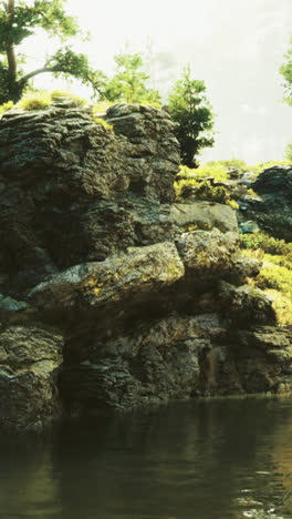 Lush green landscape with serene water reflecting natures beauty