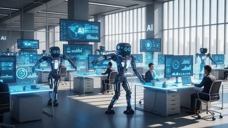 a futuristic office environment utilizing advanced ai robotics for data analysis and workflow optimization, showcasing human-robot collaboration in the workplace