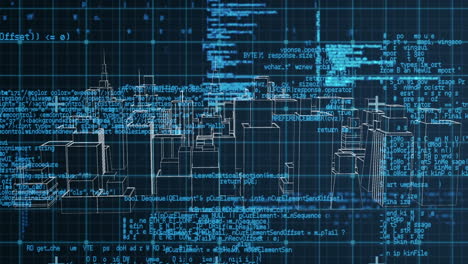 Animation of digital data processing over 3d cityscape spinning