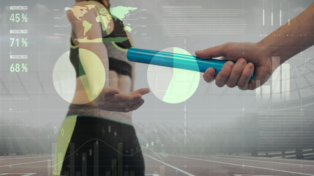 procesamiento de datos estadísticos contra la mano que pasa un bastón contra el estadio deportivo