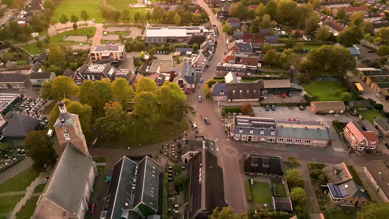 Aerial view of a charming Dutch village at sunset