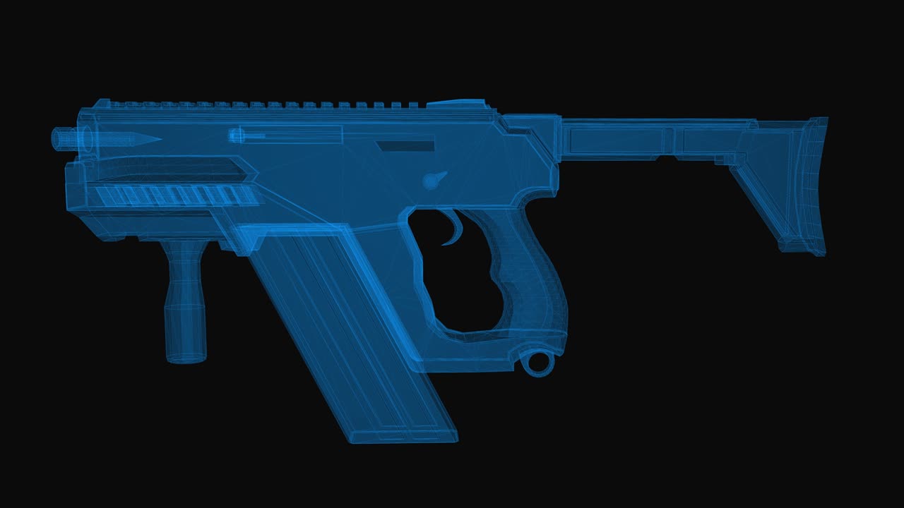 Submachine gun wireframe scheme. 3d render with blue grid lines. Loop rotation on black background.