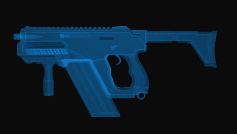 Submachine gun wireframe scheme. 3d render with blue grid lines. Loop rotation on black background.