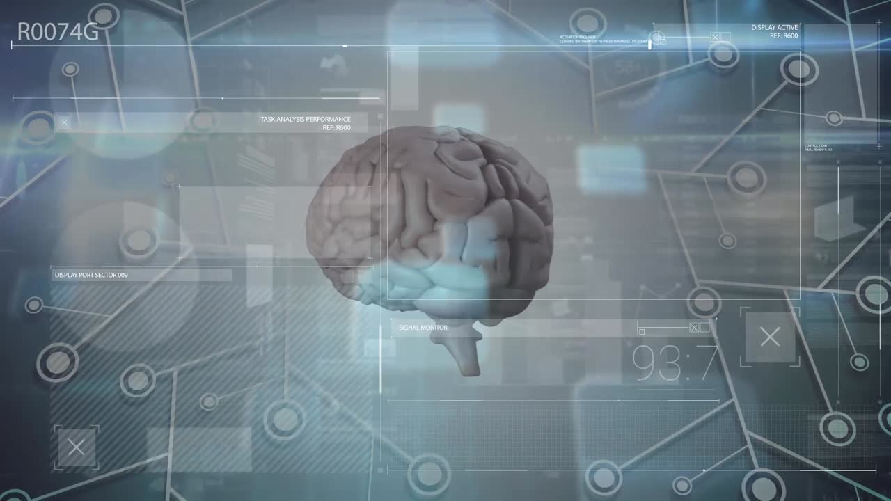 animación del cerebro rotando sobre diversos datos en la pantalla