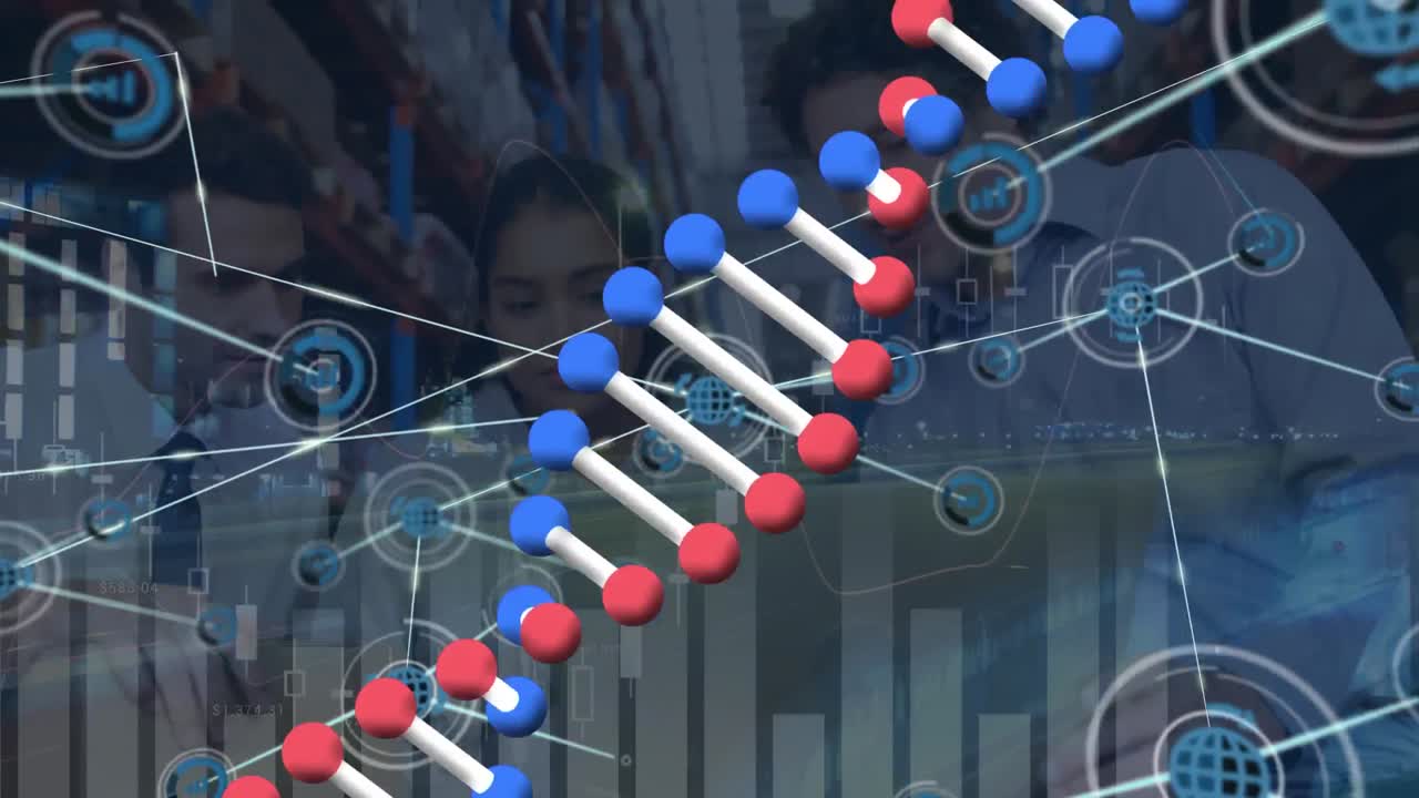 animación de la hélice de adn, gráficos, iconos conectados, compañeros de trabajo multirraciales discutiendo en la computadora portátil.