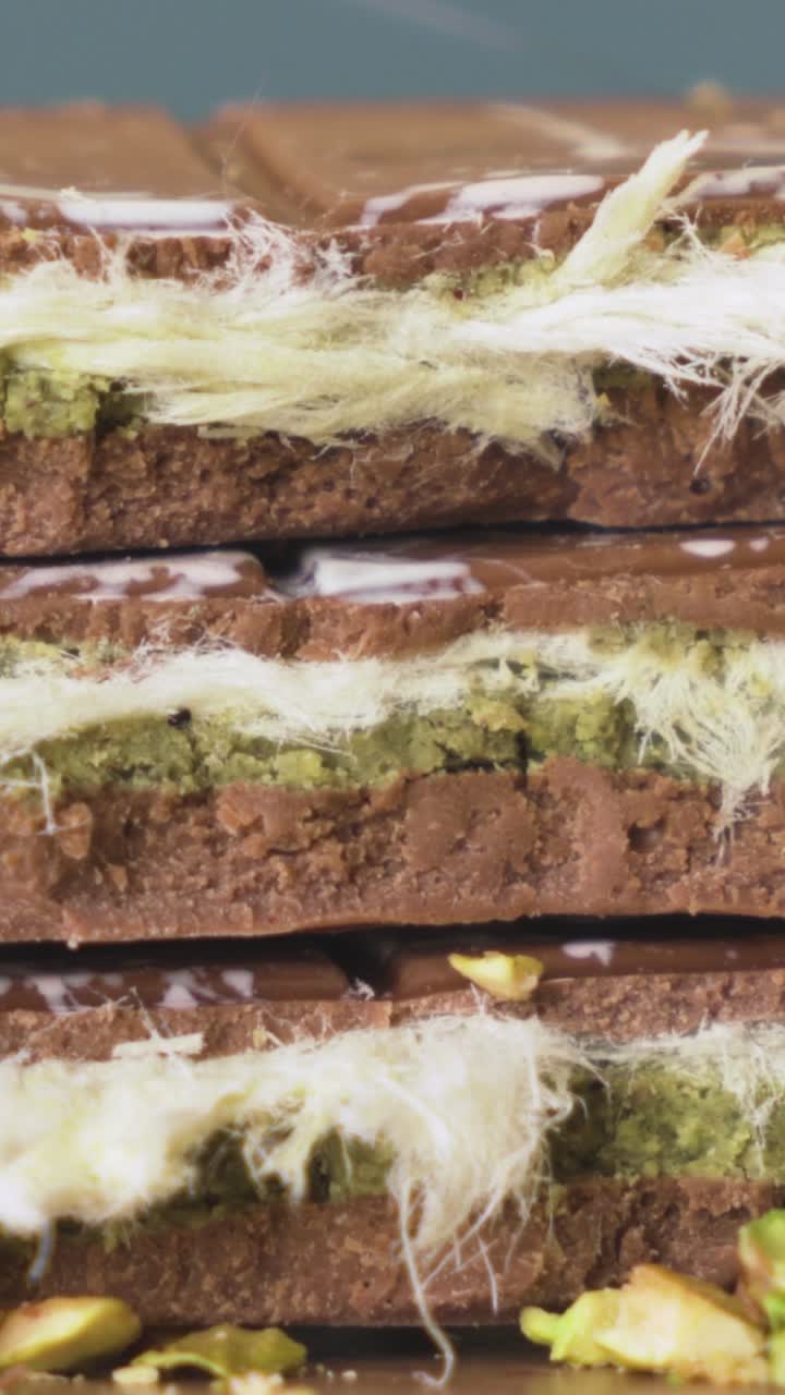 A luxurious vertical close-up of rich Dubai chocolate topped with finely crushed pistachio nuts, capturing elegant textures and gourmet indulgence