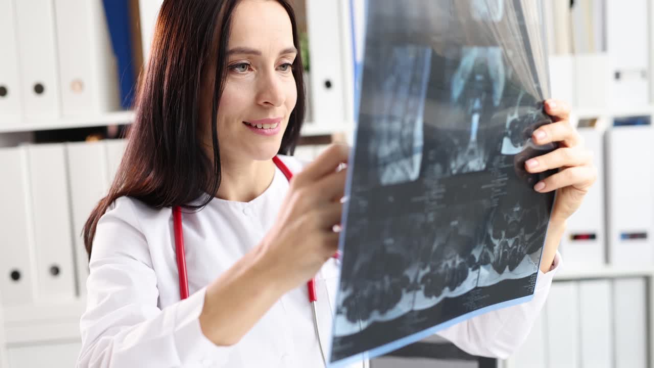 Dottoressa che osserva una radiografia della colonna vertebrale in clinica film in 4k al rallentatore
