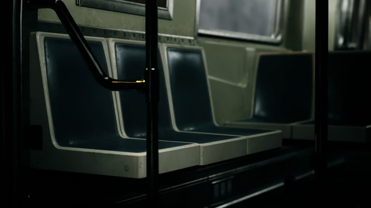 Empty subway car interior at night showcasing vacant seats