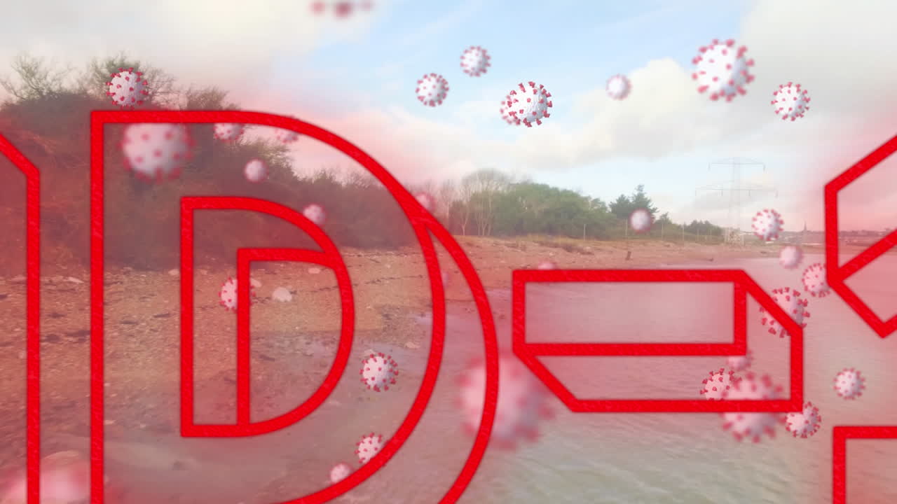 코로나 19 텍스트와 배경의 해변에 대해 움직이는 세포의 디지털 복합 비디오