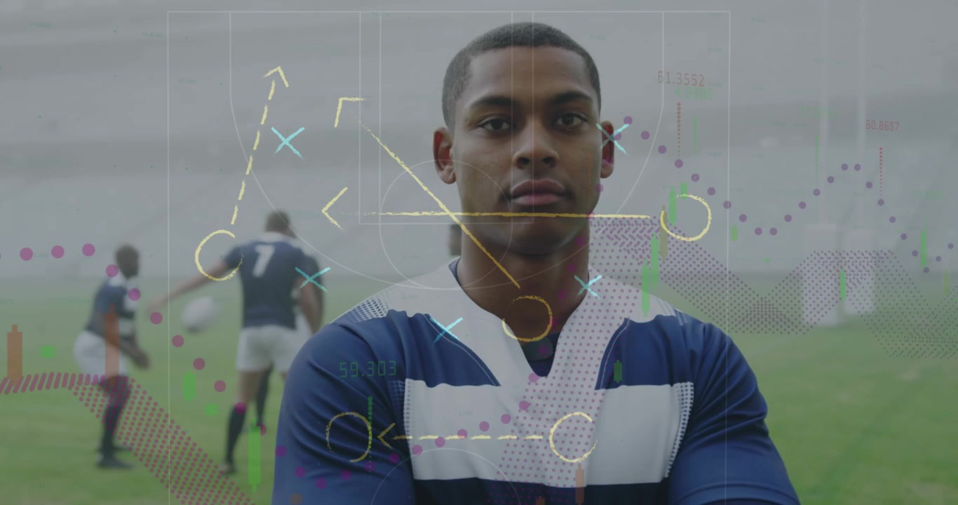 Animation of game plan over diverse male rugby players