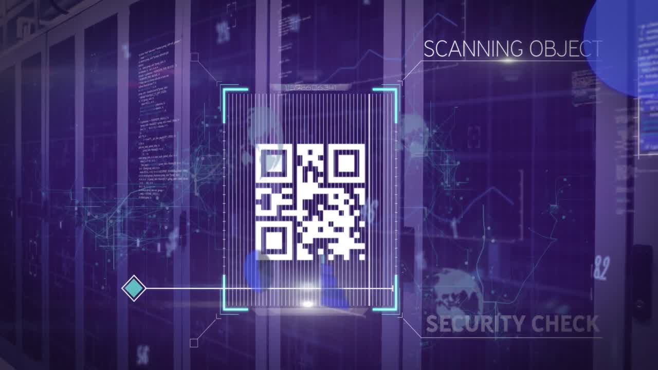 Animation of qr code and data processing over server room