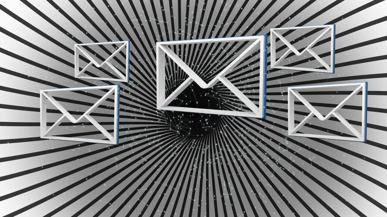 Animación de correos electrónicos sobre un fondo de rayas blancas y negras