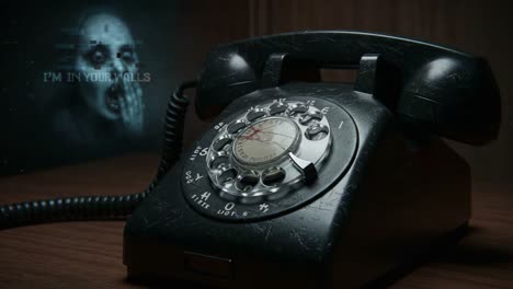 a haunting presence is evoked through a vintage rotary phone, with eerie imagery suggesting unseen communication and unsettling messages from within the walls