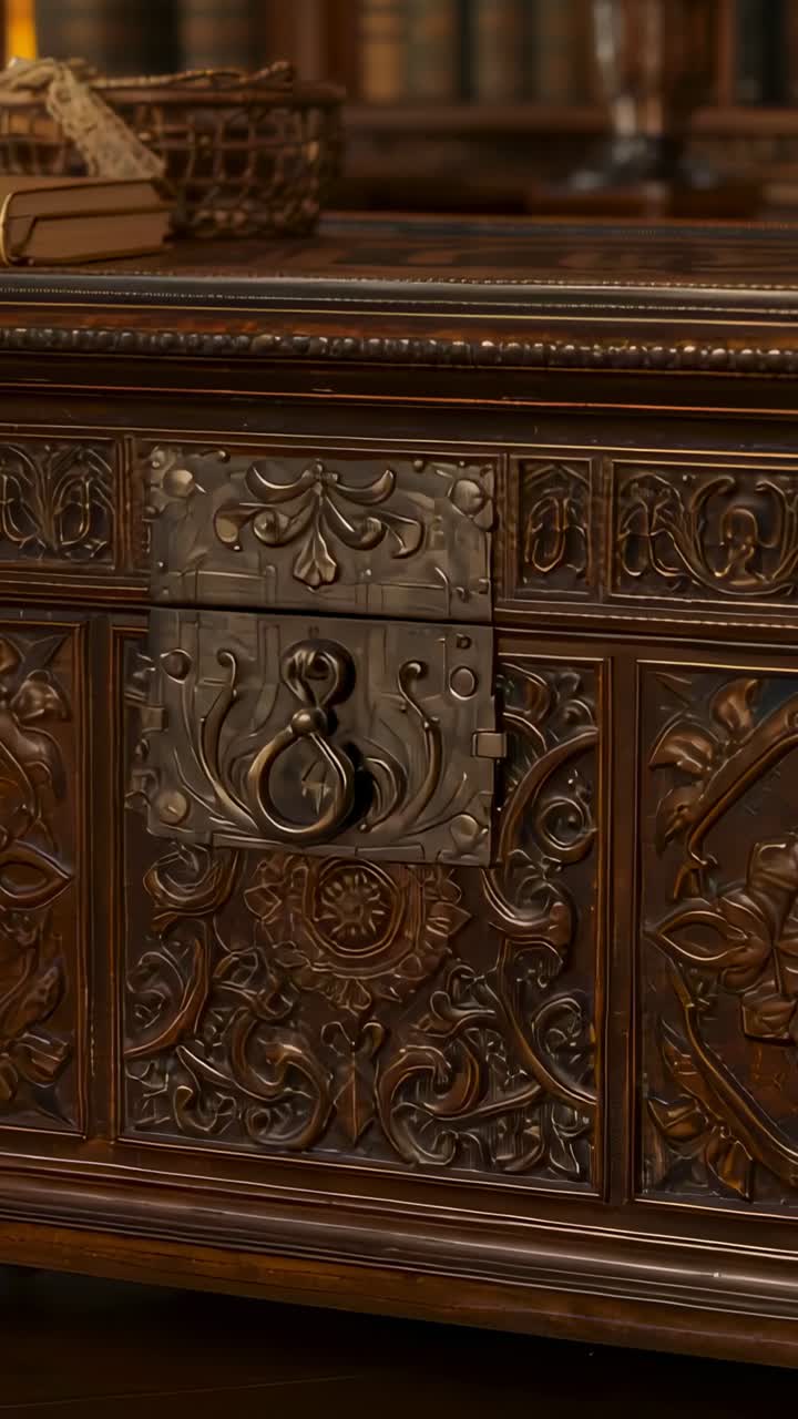 Video verticale: la fotocamera inquadra un forziere decorato in una biblioteca, che mostra un cesto di vimini e dei libri
