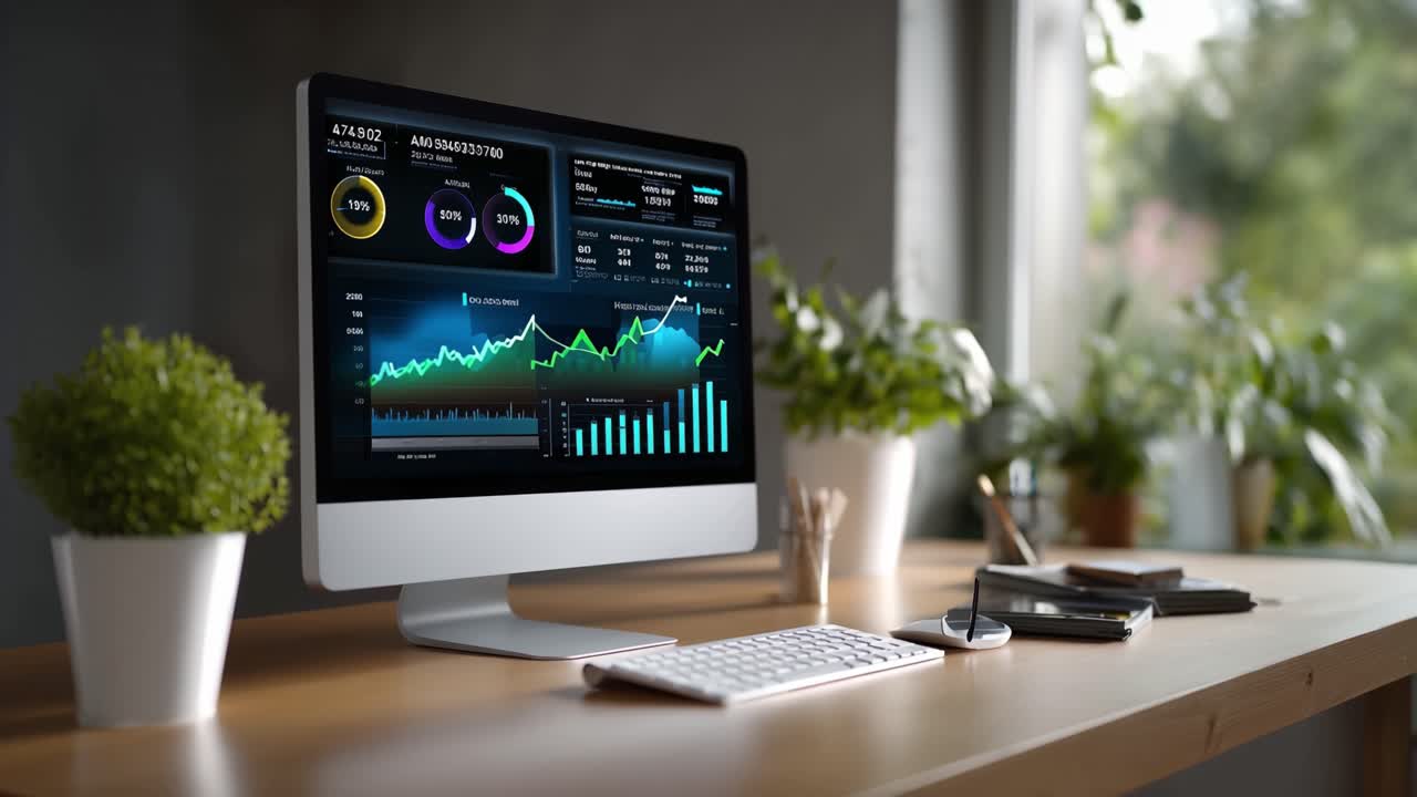 A sleek modern workspace featuring a computer displaying dynamic financial graphs, analytics, and data visualizations surrounded by lush greenery for a fresh atmosphere