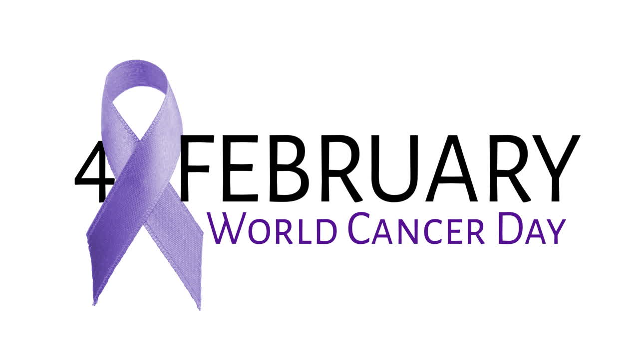 Animazione del testo della Giornata mondiale contro il cancro e nastro blu su sfondo bianco