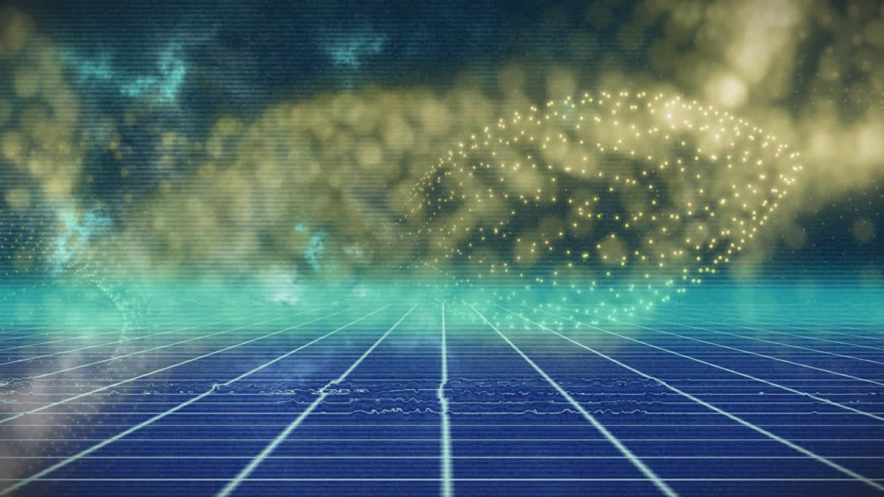 Un cluster emerge sulla destra formando un'onda a nastro dorato che ondeggia attraverso una griglia retrò che riflette una foschia.