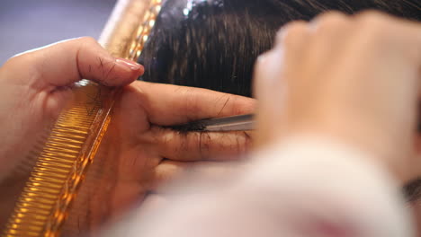 barber cuts the hair in the barbershop. slow motion. close up