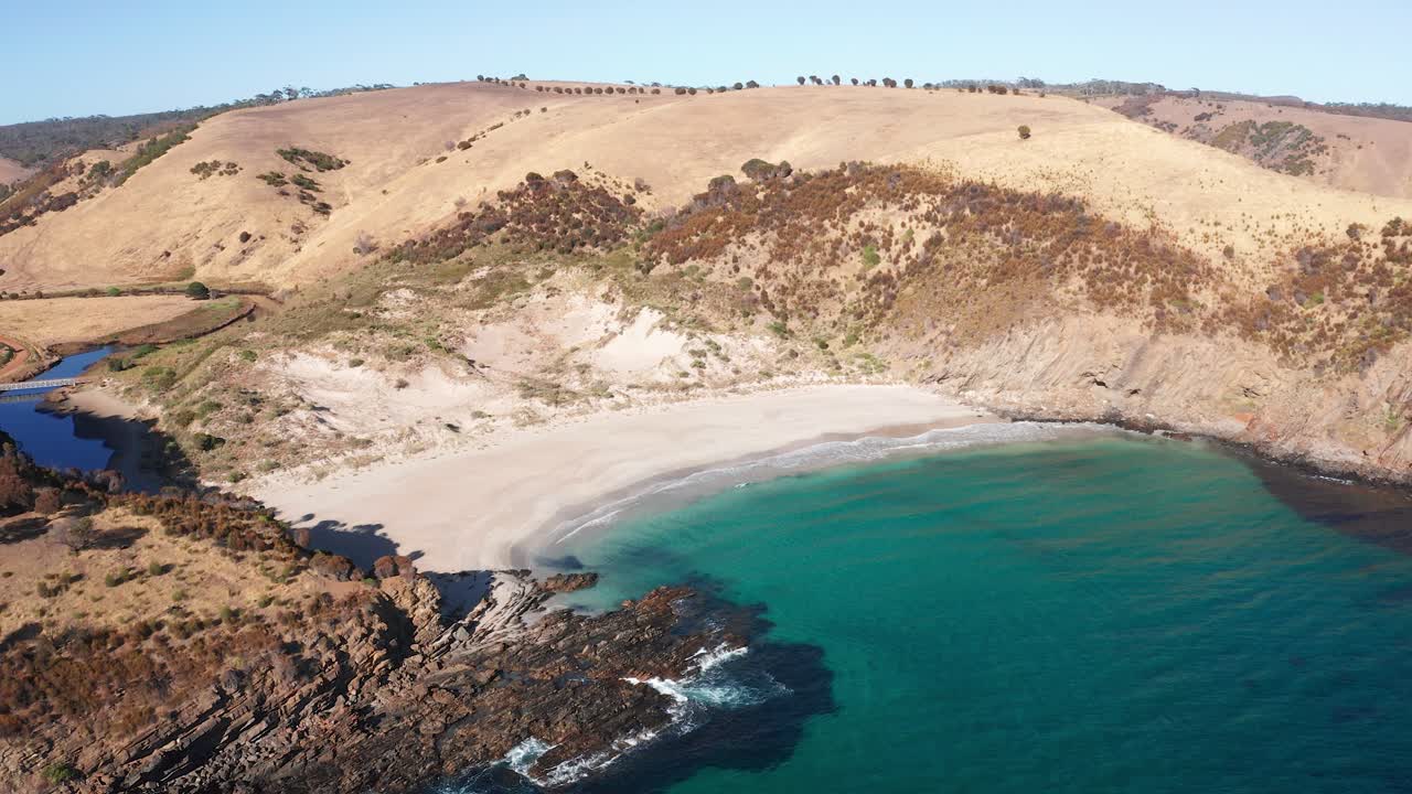 Aerial landscape of secluded white sand beach at Western River Cove, Kangaroo Island, South Australia