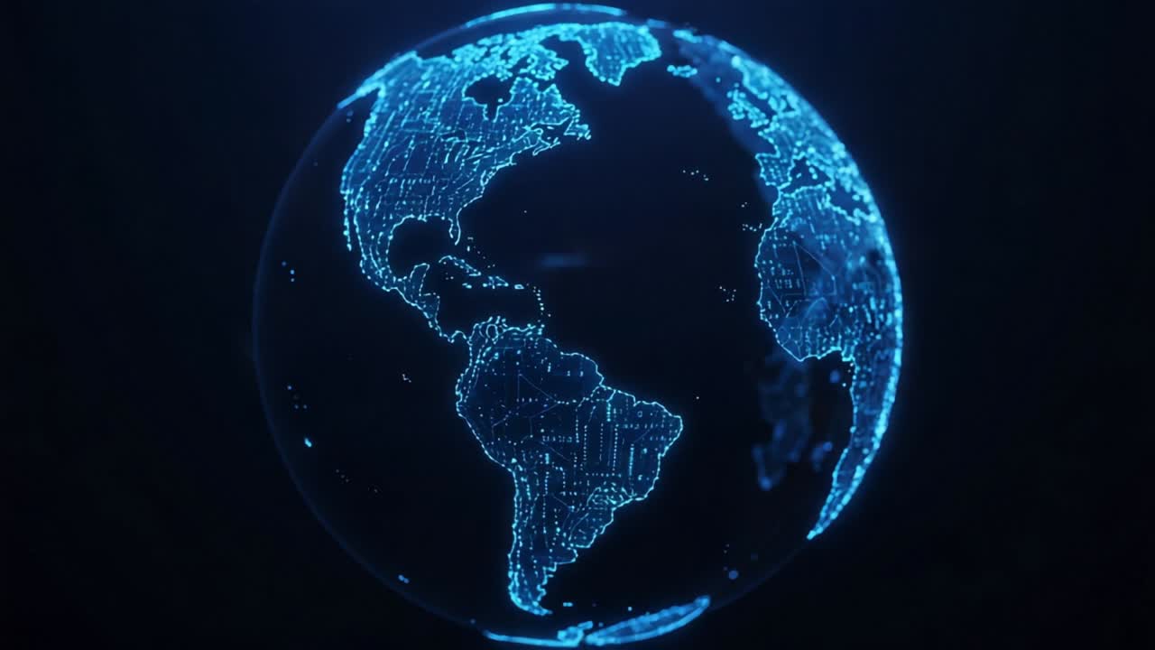 A Glowing Digital Earth Representation Showcasing Network Connections and Geographic Data in a Futuristic Style Across the Continents of Our Planet