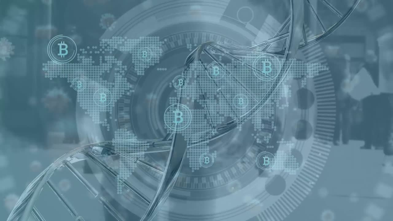 비트코인 위의 dna와 회색 배경의 세계 지도의 애니메이션