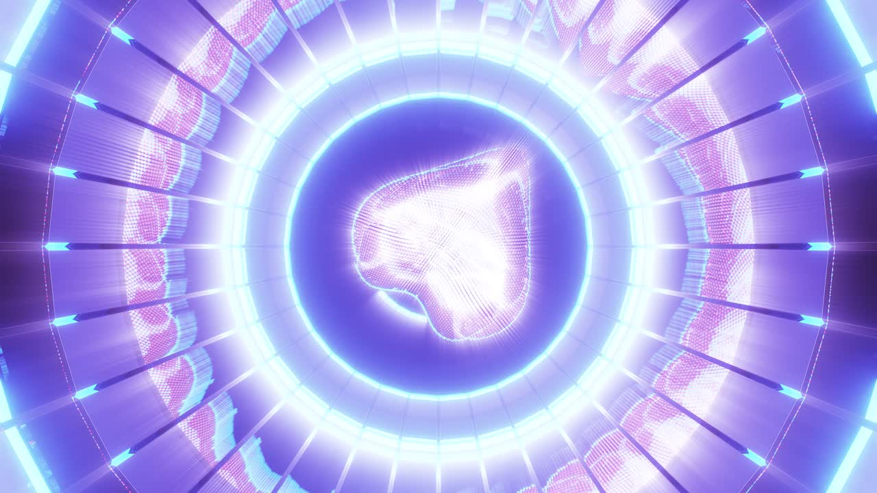 보라색 오프닝 원에서 회전하는 핑크 하트, 렌더링된 3d 그래픽 애니메이션