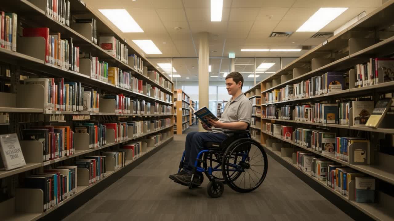 A Young Man in a Wheelchair Reading a Book in a Modern Library: Emphasizing Accessibility and Knowledge in an Inclusive Environment