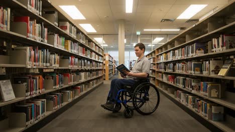 a young man in a wheelchair reading a book in a modern library: emphasizing accessibility and knowledge in an inclusive environment