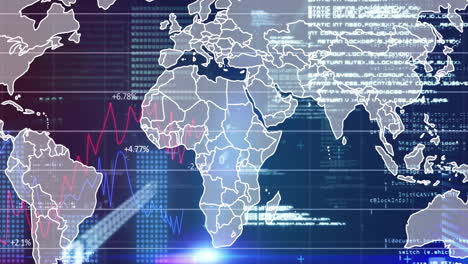 animation of financial data processing over world map on dark background
