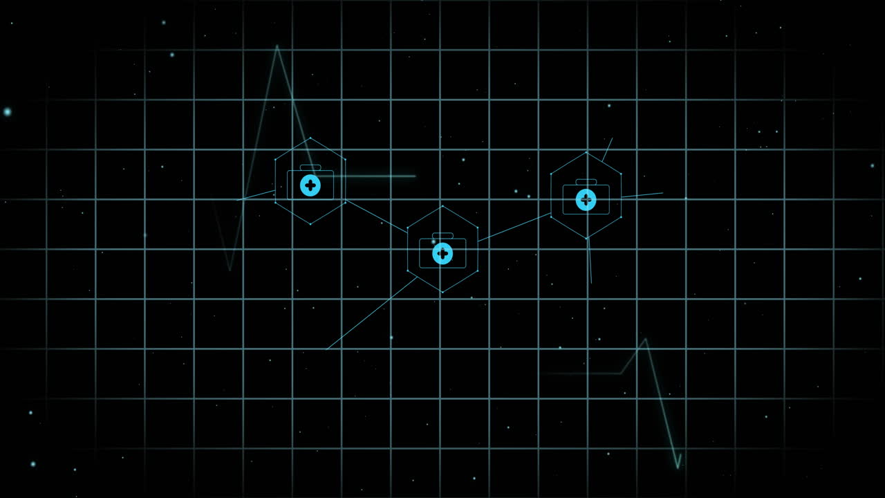 animación de iconos médicos y cardiógrafo sobre fondo negro