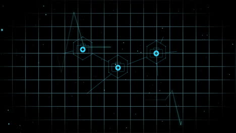 Animation of medical icons and cardiograph on black background